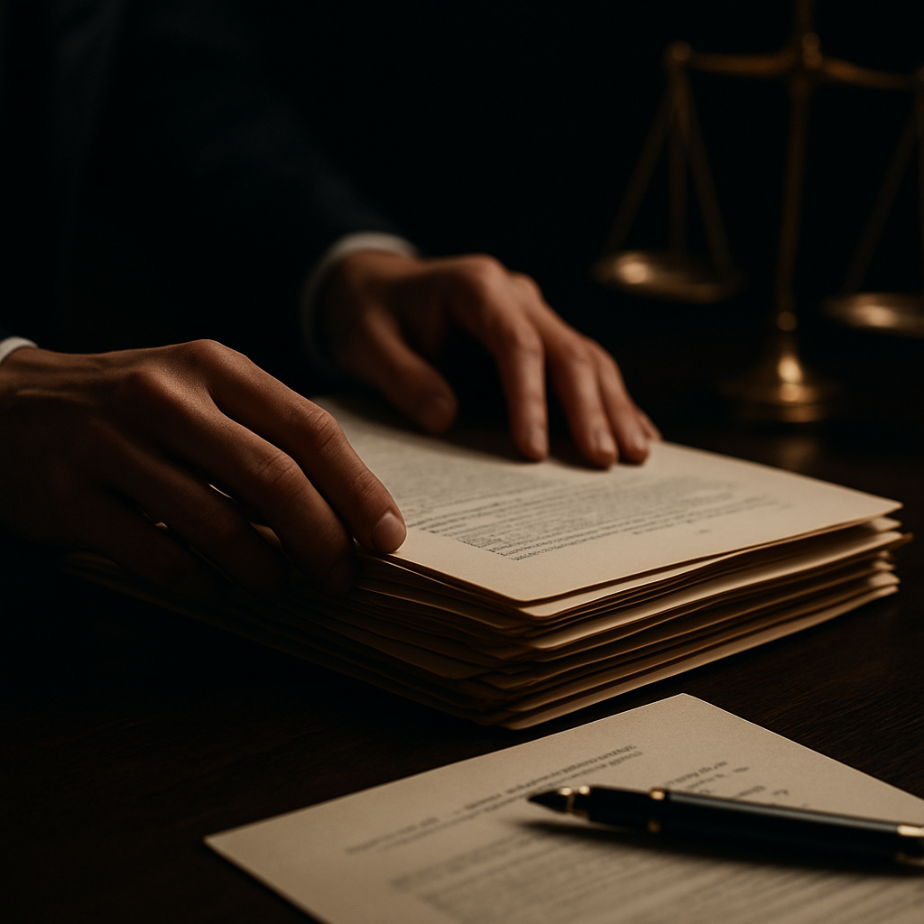 Trial attorney organizing case files and documents in preparation for trial