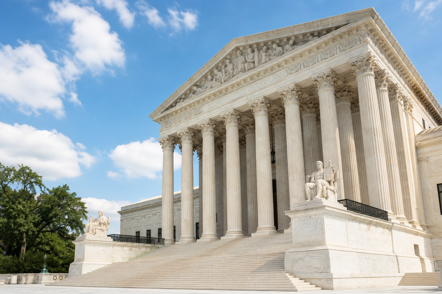 Stately classical courthouse with tall stone columns under a clear blue sky